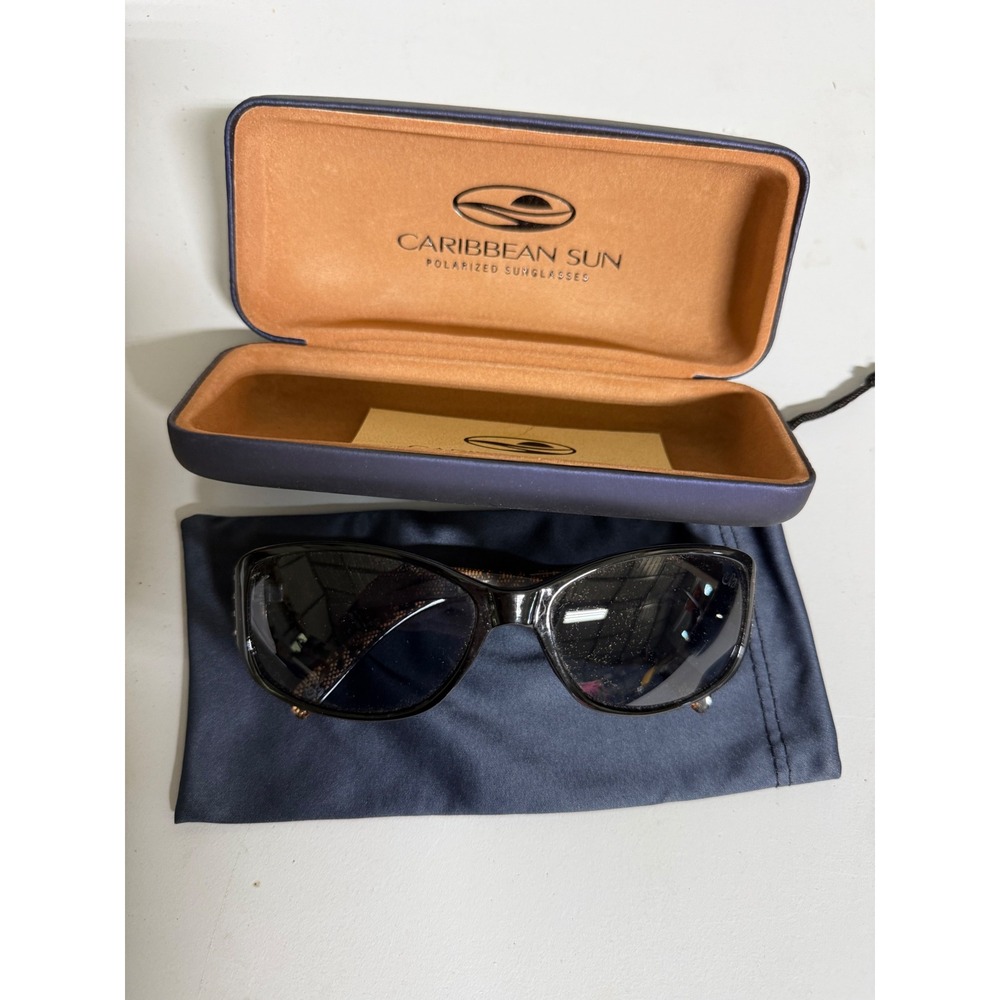 Caribbean Sun Polarized Sunglasses Black Oversized Rhinestone Gold Arms + Case